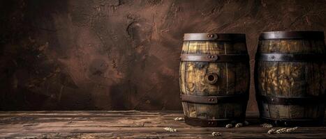 Dark brown background with two oak barrels on the right side photo