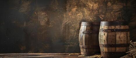Dark brown background with two oak barrels on the right side photo