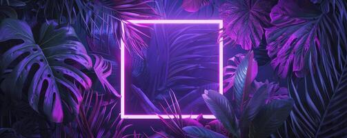 abstract neon purple square frame surrounded by tropical leaves on dark background photo