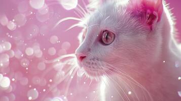 Closeup of a cute white cat with pink eyes against a pink background photo