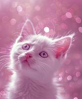 Closeup of a cute white cat with pink eyes against a pink background photo