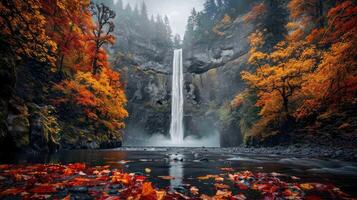 autumn waterfall in the forest with autumn leaves photo