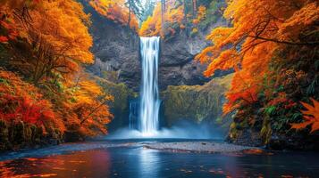 autumn waterfall in the forest with colorful leaves photo