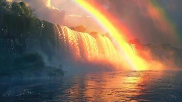 rainbow over waterfall in the middle of a river photo