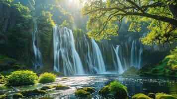 beautiful waterfall in the forest with green trees and water photo