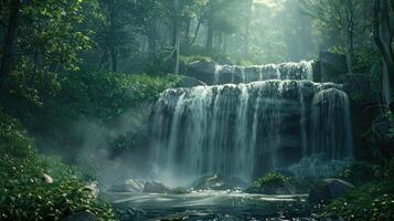 un cascada en el bosque con verde arboles foto