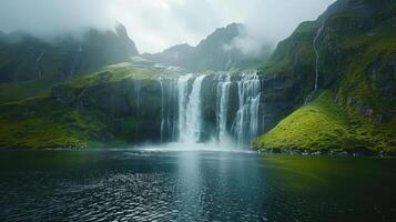 a waterfall is surrounded by green mountains photo