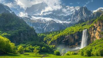 a beautiful mountain landscape with a waterfall and trees photo