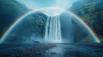 a rainbow is seen in front of a waterfall photo