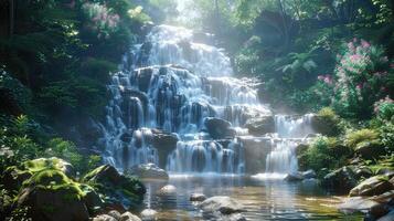 a waterfall in the jungle with water flowing over rocks photo