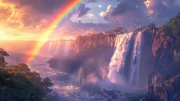 rainbow over waterfall in jungle with trees and waterfalls photo