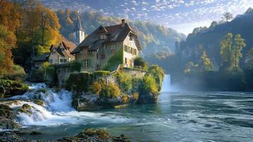 a house sits on top of a cliff overlooking a river photo