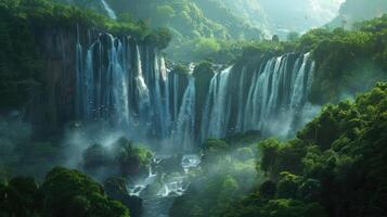 a waterfall in the middle of a forest photo