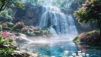 a waterfall in the middle of a forest with flowers photo