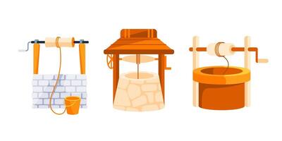 Water well set. Stone and wooden decorated peasant wells for water extraction vector