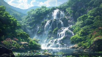 a waterfall in the middle of a lush forest photo