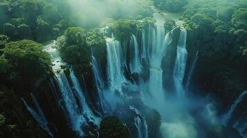 an aerial view of a waterfall in the middle of a forest photo