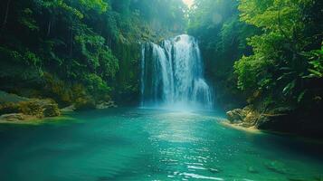 a waterfall in the middle of a tropical forest photo