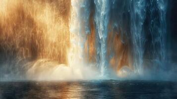 a waterfall is shown in the dark with water flowing over it photo