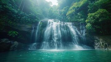 beautiful waterfall in tropical jungle with green water and sun rays photo