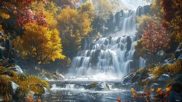 a waterfall in the woods with autumn trees photo