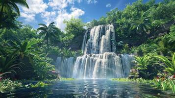 waterfall in tropical jungle with lush vegetation photo