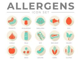 retro Alérgenos icono colocar. Alérgenos, champiñón, mariscos, pez, huevo, ajo, leche, soja rojo carne, apio, fruta, semilla, legumbre y maíz gluten alergeno íconos vector