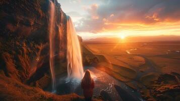 a woman stands in front of a waterfall at sunset photo