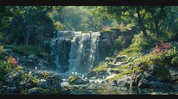 un cascada en el bosque con flores y arboles foto