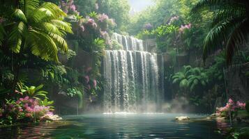 a waterfall in the jungle with flowers and trees photo