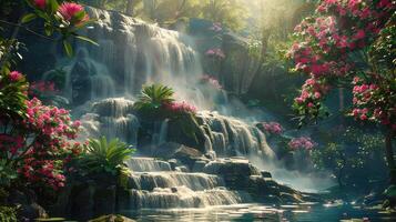 un cascada en el selva con flores y arboles foto