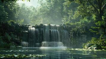a waterfall in the middle of a lush forest photo