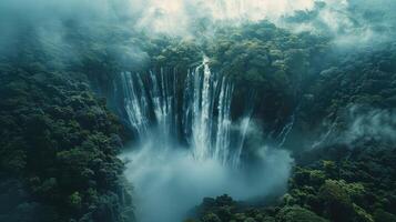 un cascada en el medio de un bosque con niebla foto