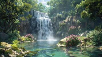 a waterfall in the middle of a lush forest photo