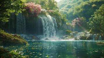 a beautiful waterfall in the forest with flowers photo