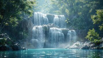 a waterfall in the jungle with trees and water photo