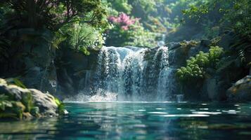 a waterfall in the middle of a lush jungle photo