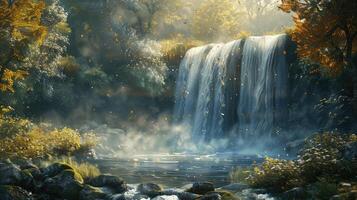 a waterfall in the forest with trees and rocks photo
