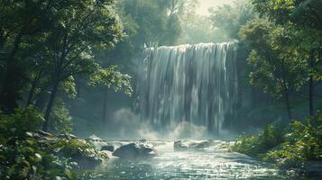 a waterfall in the middle of a forest photo