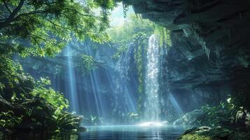 a waterfall in the jungle with water flowing through it photo