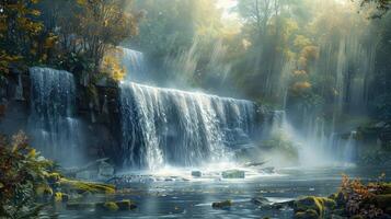 a waterfall in the forest with trees and rocks photo