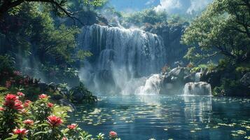 a waterfall in the middle of a forest with flowers photo