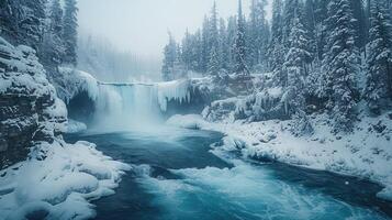 a waterfall in the snow with trees and ice photo