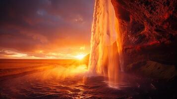 a waterfall is shown at sunset with the sun shining through photo