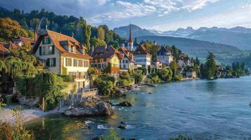 a beautiful town on the shore of a lake with mountains in the background photo