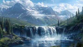 un cascada en el montañas con arboles y agua foto
