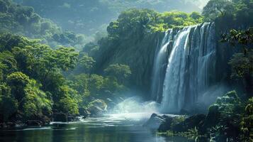 a waterfall in the middle of a lush green forest photo