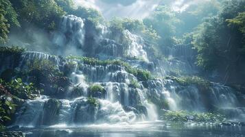 a waterfall in the jungle with water flowing over it photo