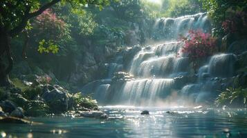 a waterfall in the middle of a lush forest photo