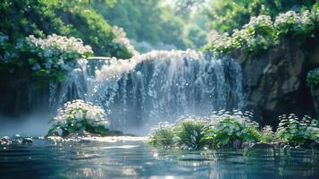 waterfall, flowers, water, nature, landscape, nature, landscape, nature, nature, photo